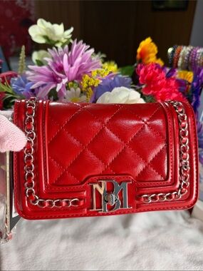 Badgley mischka Red Quilted Leather Chain-Trim Crossbody